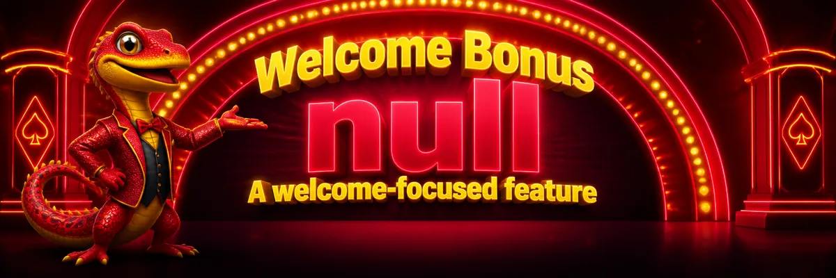 Lizard mascot presents a bright welcome-themed casino banner in red and yellow.